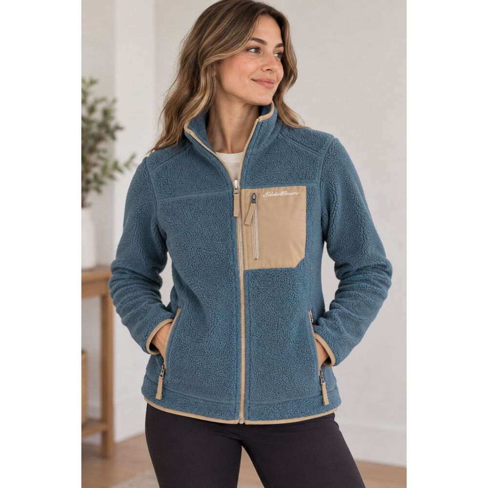 Eddie Bauer Women’s S Blue Sherpa Fleece Full Zip Jacket Tan Pocket